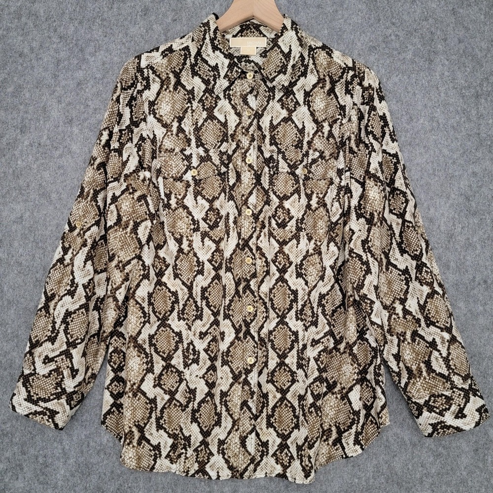 Michael Michael Kors Shirt‎ Womens 1X Brown Black Snake Print Button Front Plus